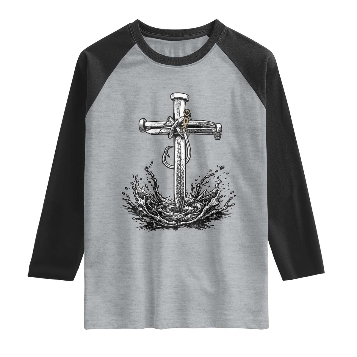 Faith Family Fishing Raglan Shirt Christian Jesus Cross Fathers Day Gift TS12 Heather Gray Black Print Your Wear