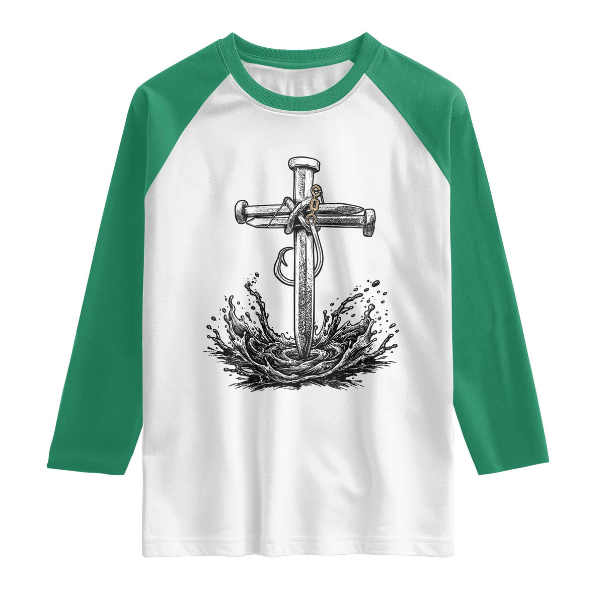 Faith Family Fishing Raglan Shirt Christian Jesus Cross Fathers Day Gift TS12 White Kelly Green Print Your Wear
