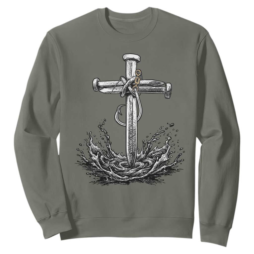 Faith Family Fishing Sweatshirt Christian Jesus Cross Fathers Day Gift