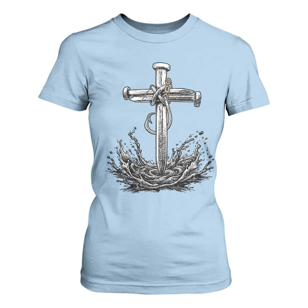 Faith Family Fishing T Shirt For Women Christian Jesus Cross Fathers Day Gift TS12 Light Blue Print Your Wear