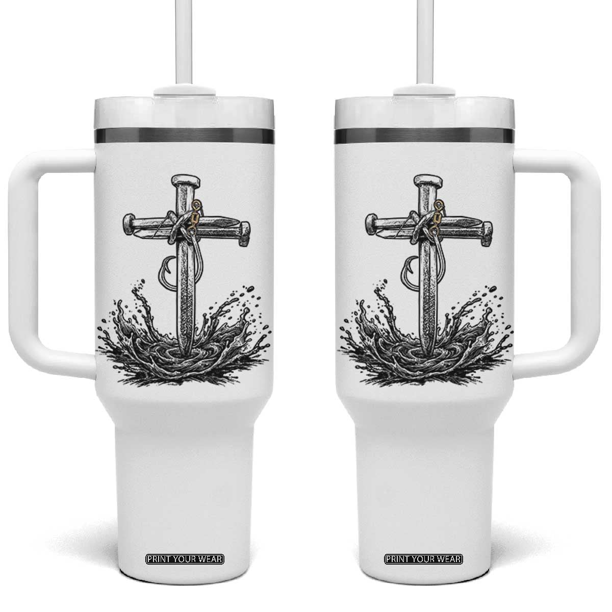 Faith Family Fishing Tumbler With Handle Christian Jesus Cross Fathers Day Gift TS12 One Size: 40 oz White Print Your Wear