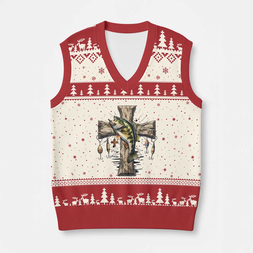 Camo Jesus Cross Fishing V-Neck Knit Sweater Vest Faith Family Fishing Fathers Day TS12 Beige Red Print Your Wear