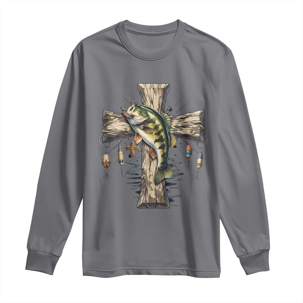 Camo Jesus Cross Fishing Long Sleeve Shirt Faith Family Fishing Fathers Day TS12 Charcoal Print Your Wear