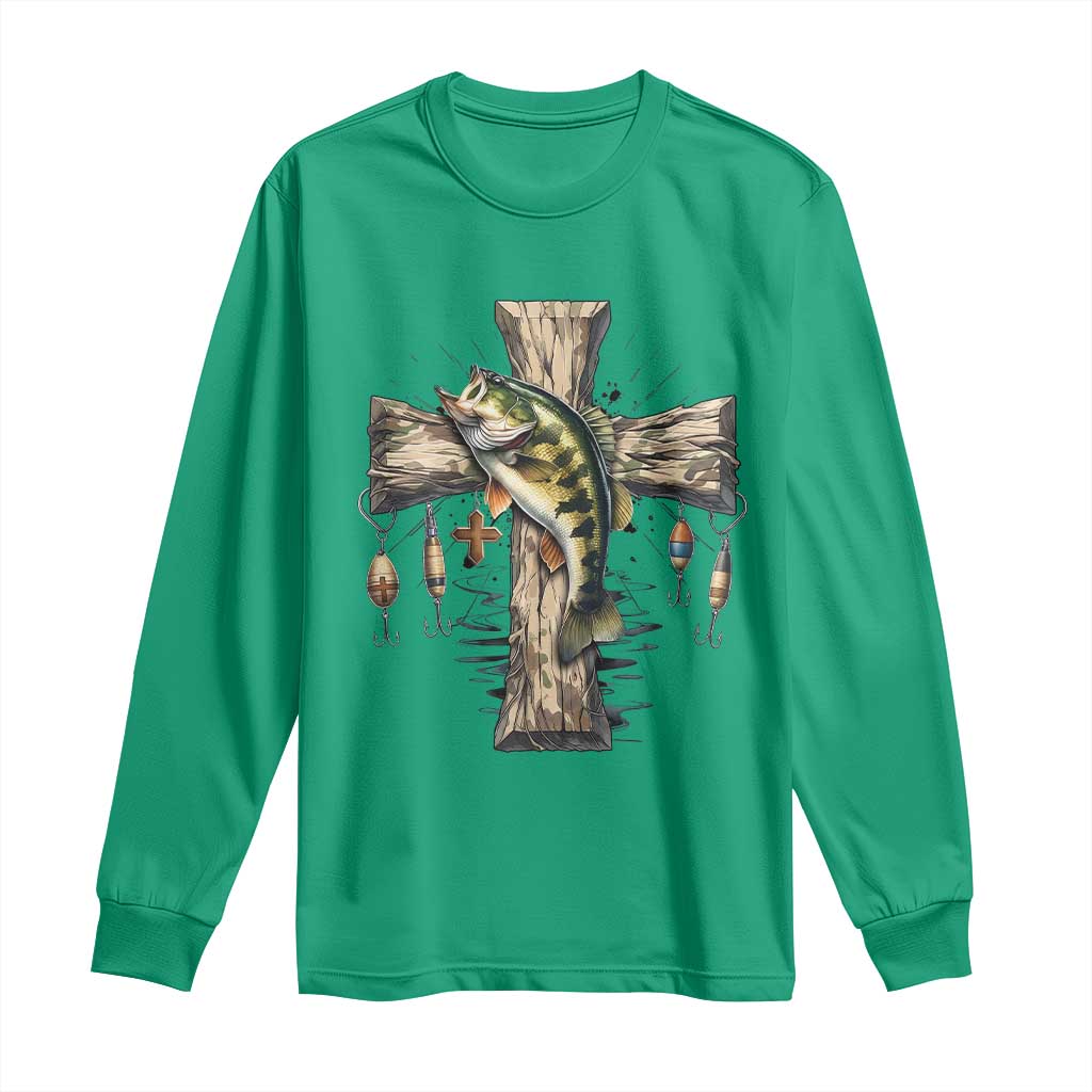 Camo Jesus Cross Fishing Long Sleeve Shirt Faith Family Fishing Fathers Day TS12 Irish Green Print Your Wear