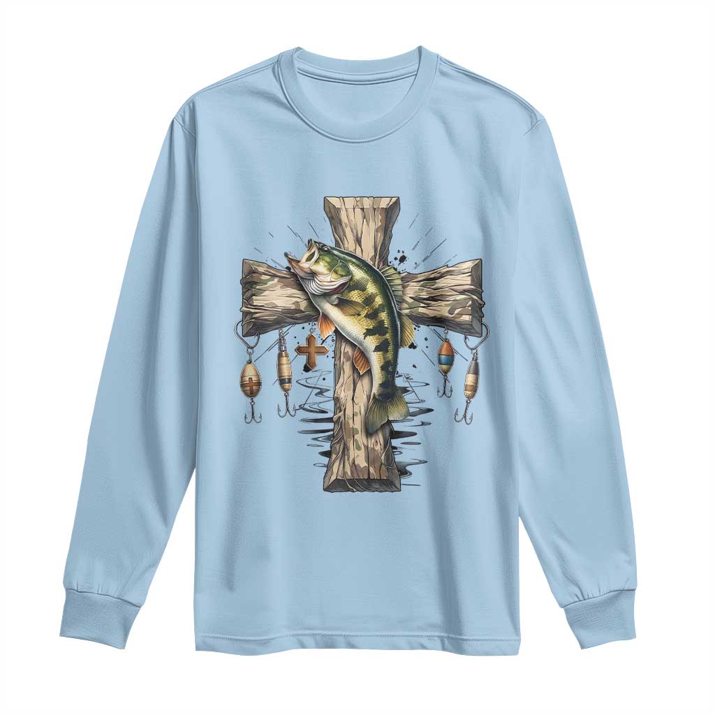 Camo Jesus Cross Fishing Long Sleeve Shirt Faith Family Fishing Fathers Day TS12 Light Blue Print Your Wear