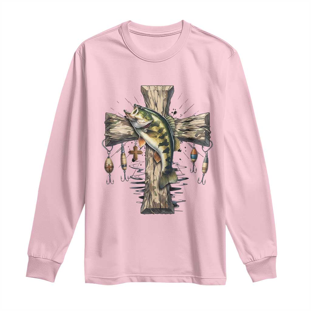 Camo Jesus Cross Fishing Long Sleeve Shirt Faith Family Fishing Fathers Day TS12 Light Pink Print Your Wear