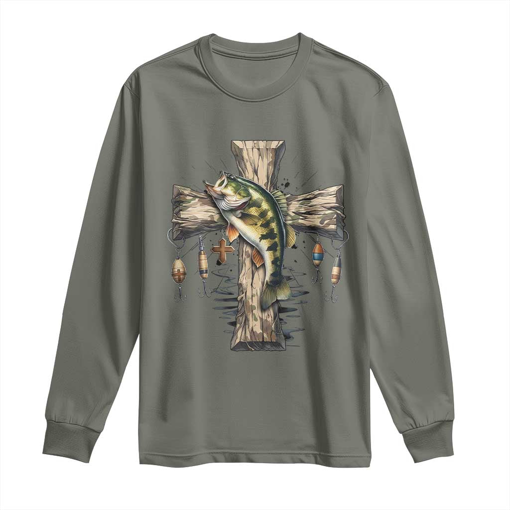 Camo Jesus Cross Fishing Long Sleeve Shirt Faith Family Fishing Fathers Day TS12 Military Green Print Your Wear