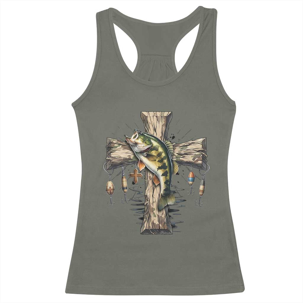 Camo Jesus Cross Fishing Racerback Tank Top Faith Family Fishing Fathers Day TS12 Military Green Print Your Wear