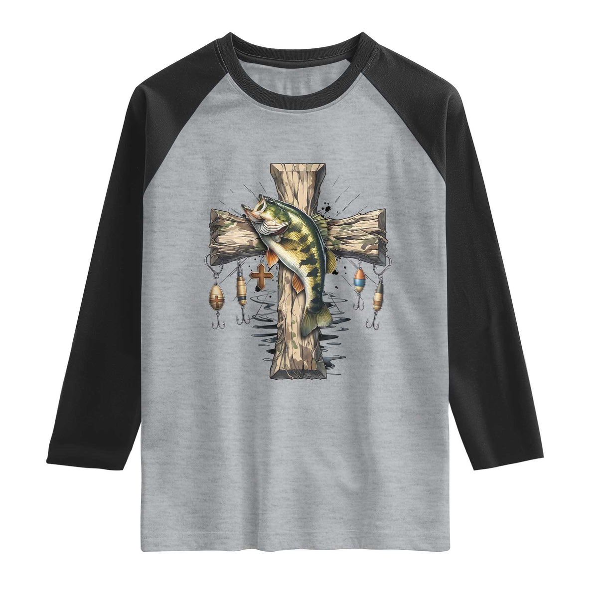 Camo Jesus Cross Fishing Raglan Shirt Faith Family Fishing Fathers Day TS12 Heather Gray Black Print Your Wear