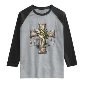 Camo Jesus Cross Fishing Raglan Shirt Faith Family Fishing Fathers Day TS12 Heather Gray Black Print Your Wear