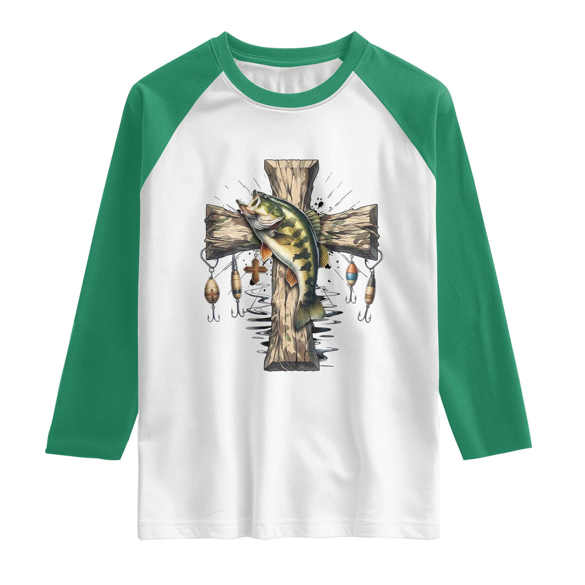 Camo Jesus Cross Fishing Raglan Shirt Faith Family Fishing Fathers Day TS12 White Kelly Green Print Your Wear
