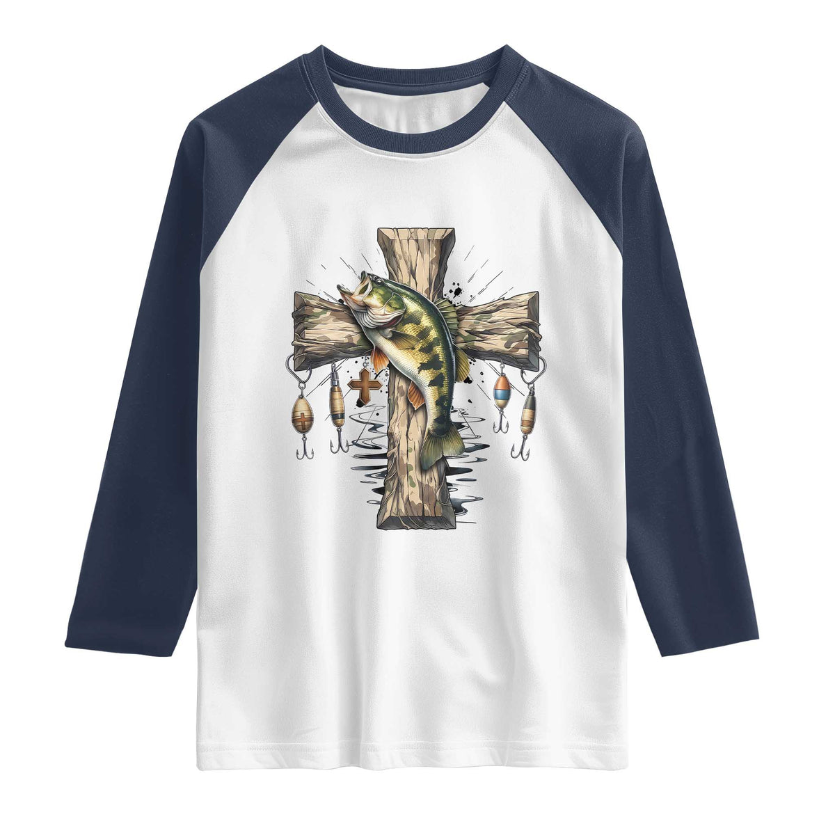 Camo Jesus Cross Fishing Raglan Shirt Faith Family Fishing Fathers Day TS12 White Navy Print Your Wear