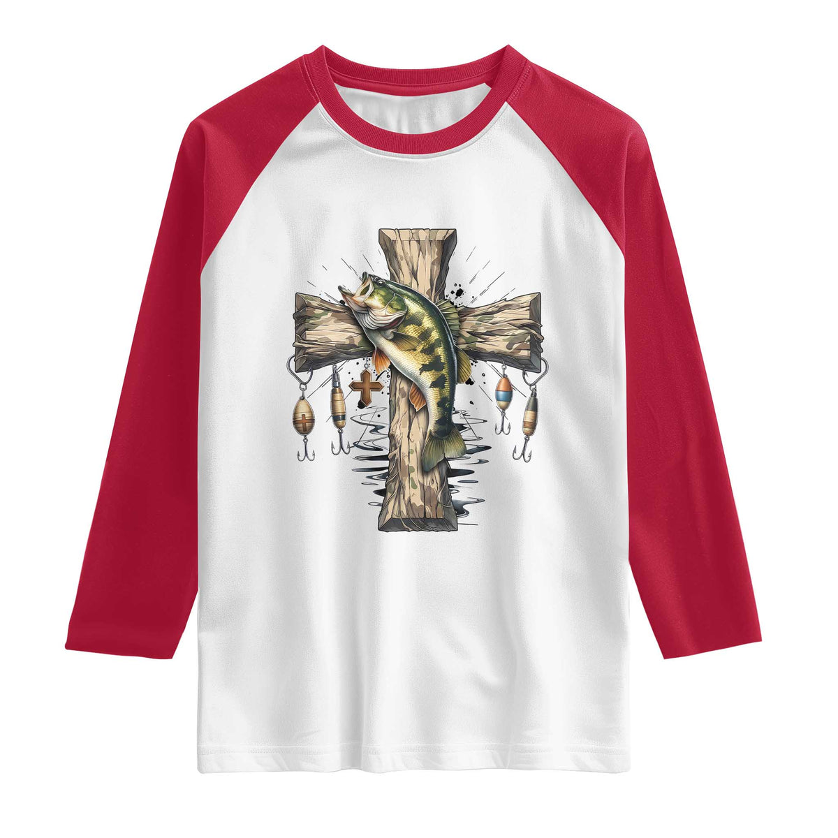 Camo Jesus Cross Fishing Raglan Shirt Faith Family Fishing Fathers Day TS12 White Red Print Your Wear