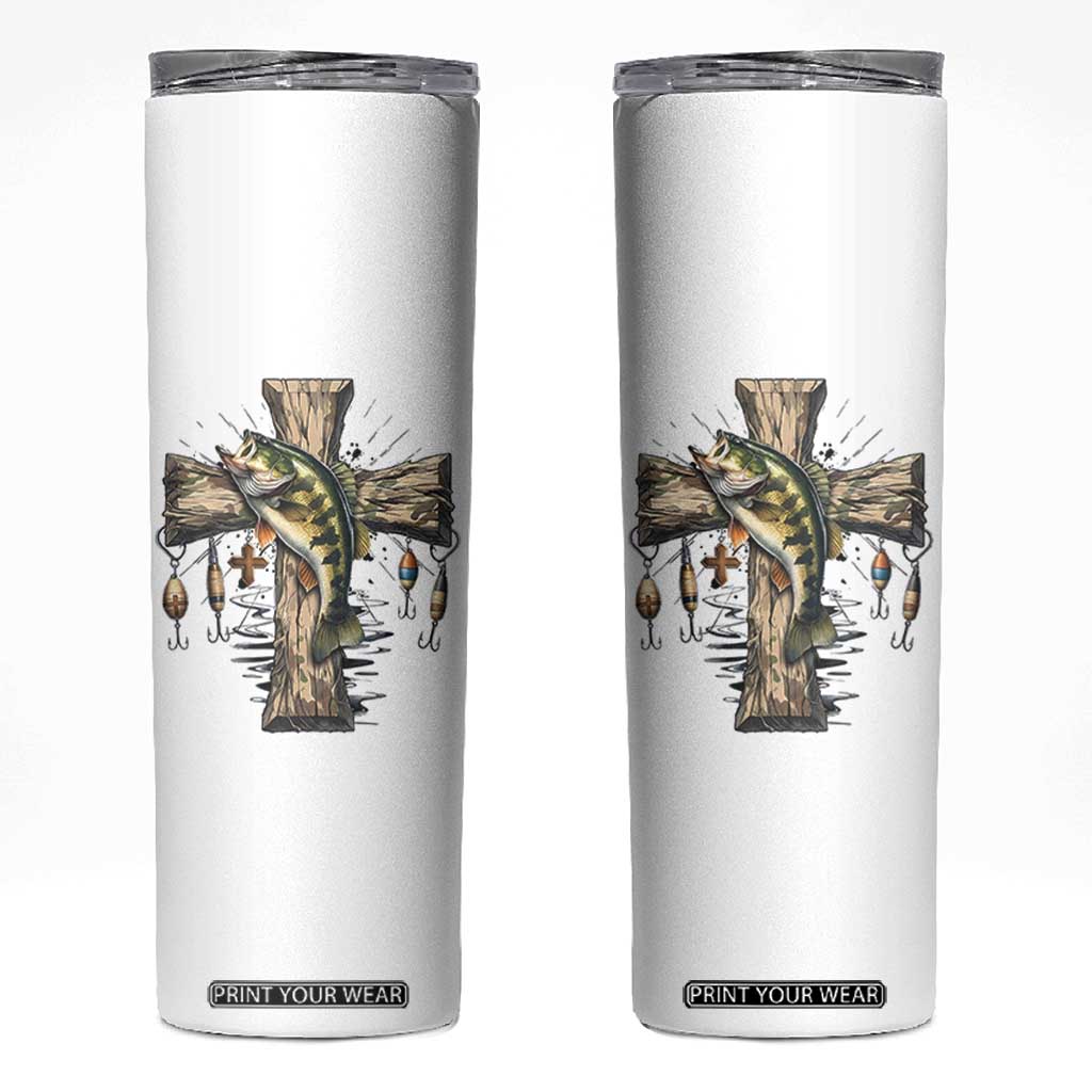 Camo Jesus Cross Fishing Skinny Tumbler Faith Family Fishing Fathers Day TS12 White Print Your Wear