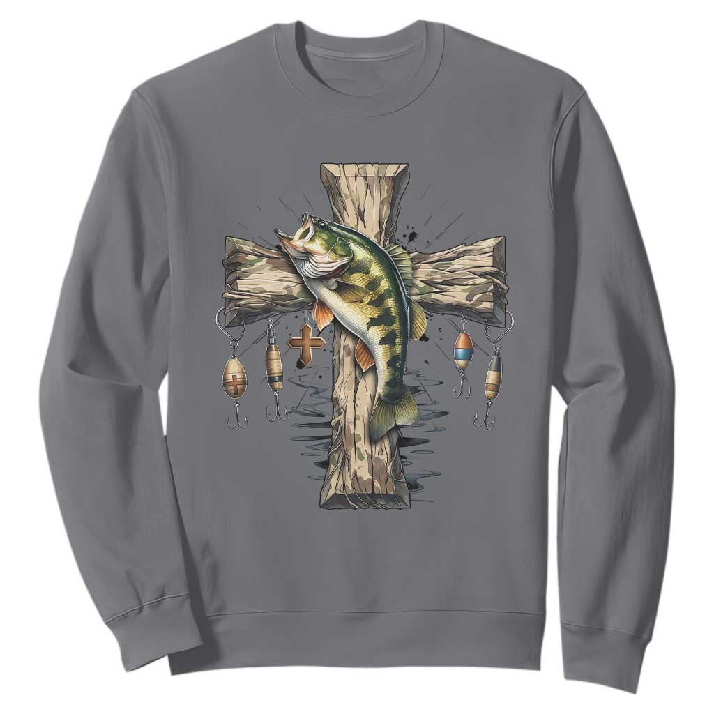 Camo Jesus Cross Fishing Sweatshirt Faith Family Fishing Fathers Day TS12 Charcoal Print Your Wear