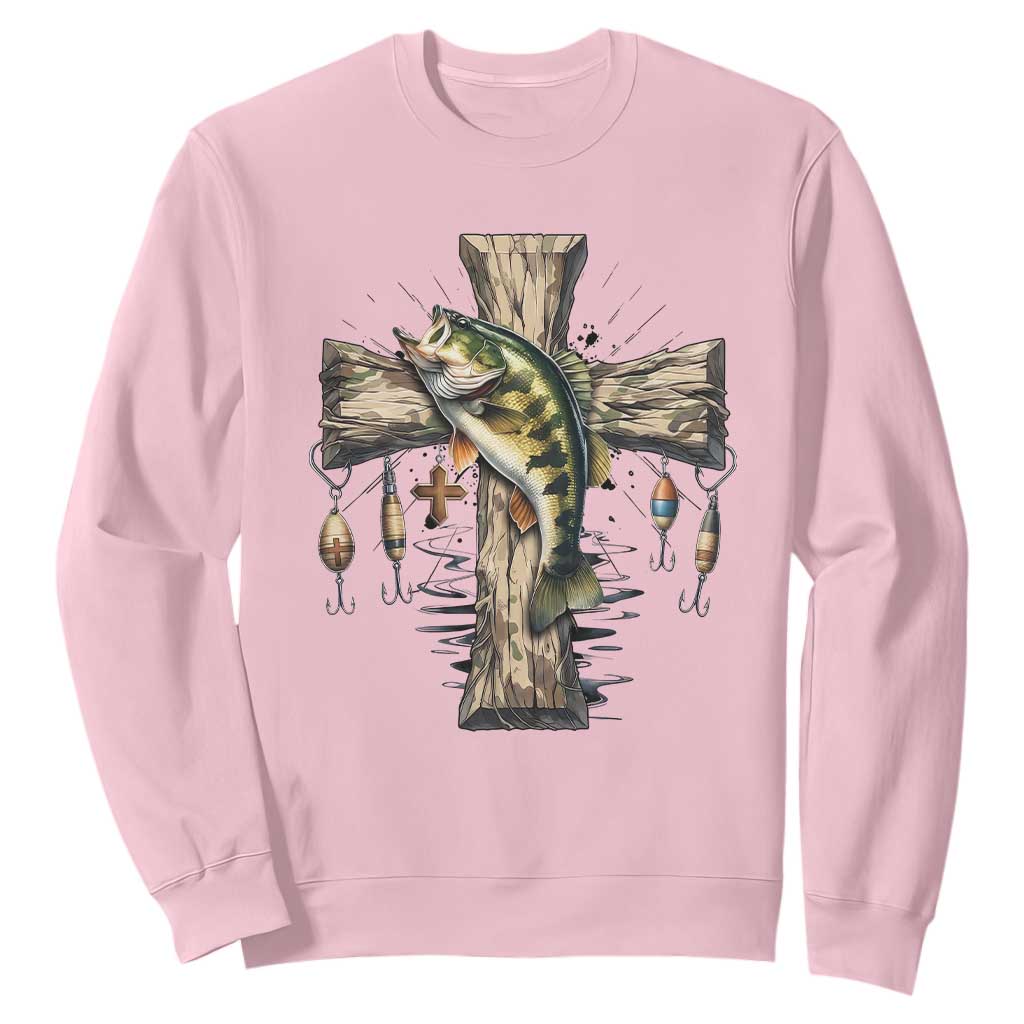 Camo Jesus Cross Fishing Sweatshirt Faith Family Fishing Fathers Day TS12 Light Pink Print Your Wear