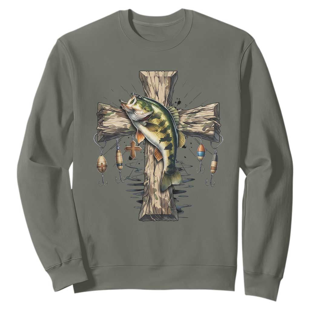 Camo Jesus Cross Fishing Sweatshirt Faith Family Fishing Fathers Day TS12 Military Green Print Your Wear