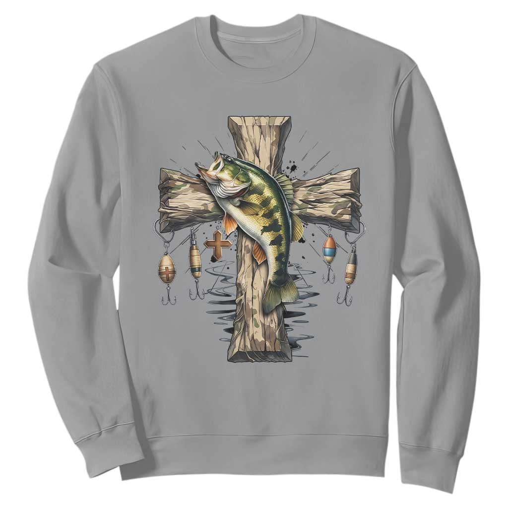 Camo Jesus Cross Fishing Sweatshirt Faith Family Fishing Fathers Day TS12 Sport Gray Print Your Wear