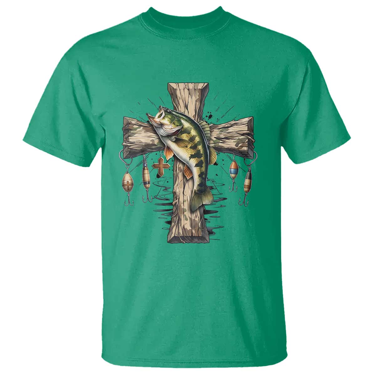 Camo Jesus Cross Fishing T Shirt Faith Family Fishing Fathers Day TS12 Irish Green Print Your Wear