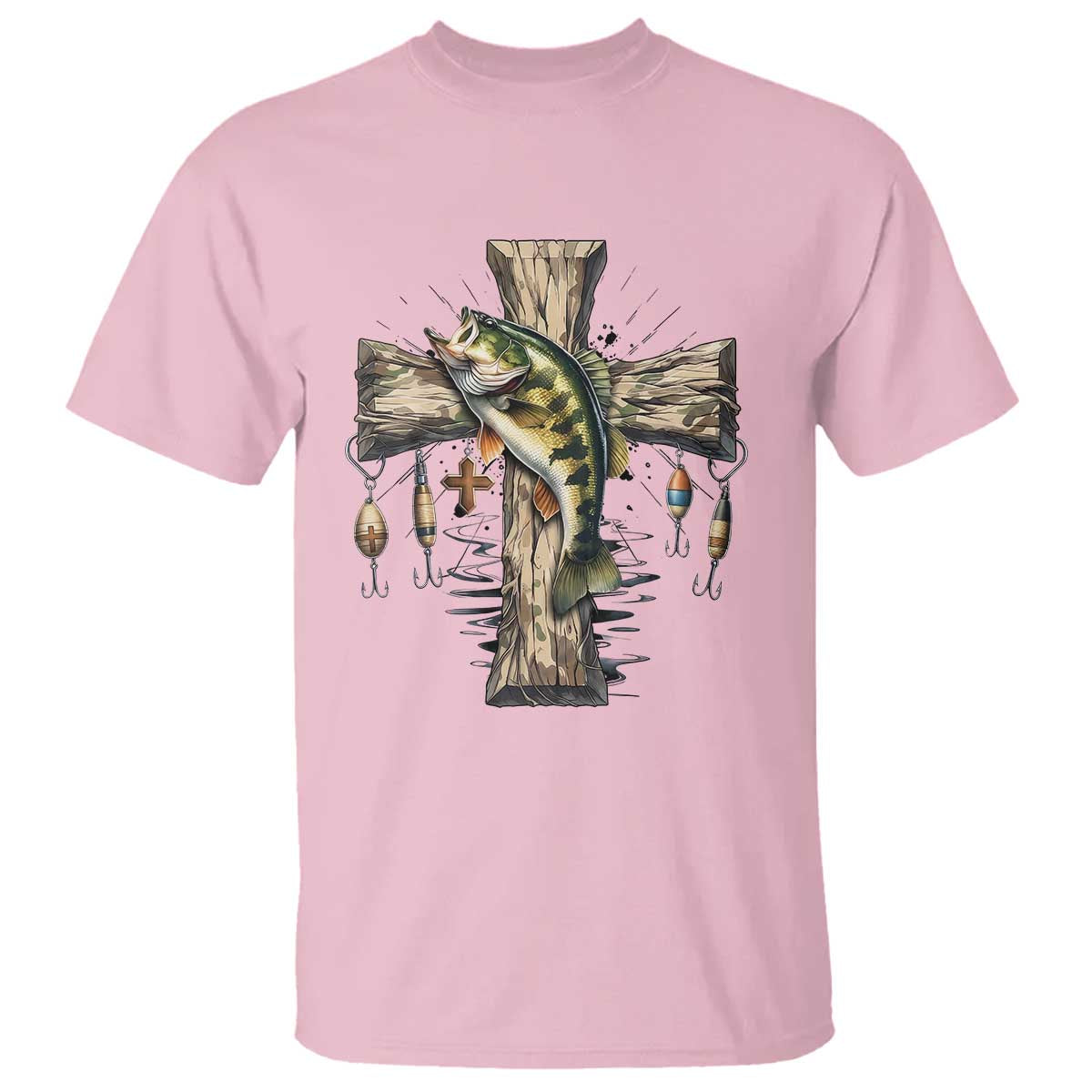 Camo Jesus Cross Fishing T Shirt Faith Family Fishing Fathers Day TS12 Light Pink Print Your Wear