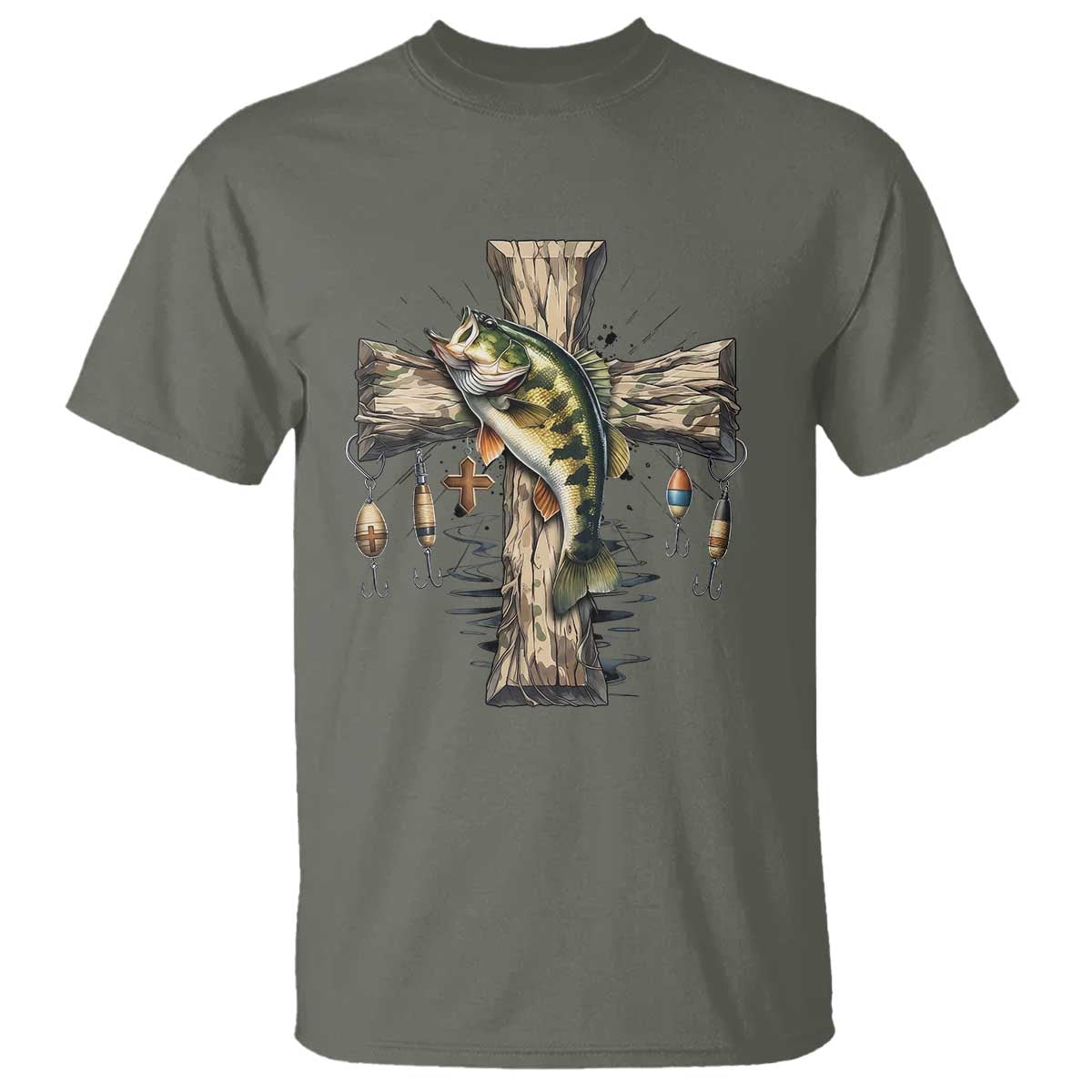 Camo Jesus Cross Fishing T Shirt Faith Family Fishing Fathers Day TS12 Military Green Print Your Wear