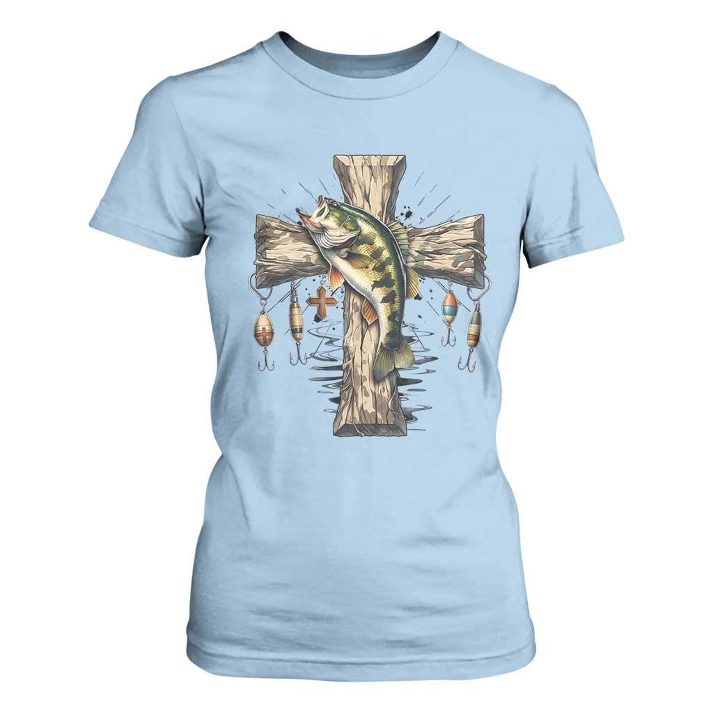 Camo Jesus Cross Fishing T Shirt For Women Faith Family Fishing Fathers Day TS12 Light Blue Print Your Wear