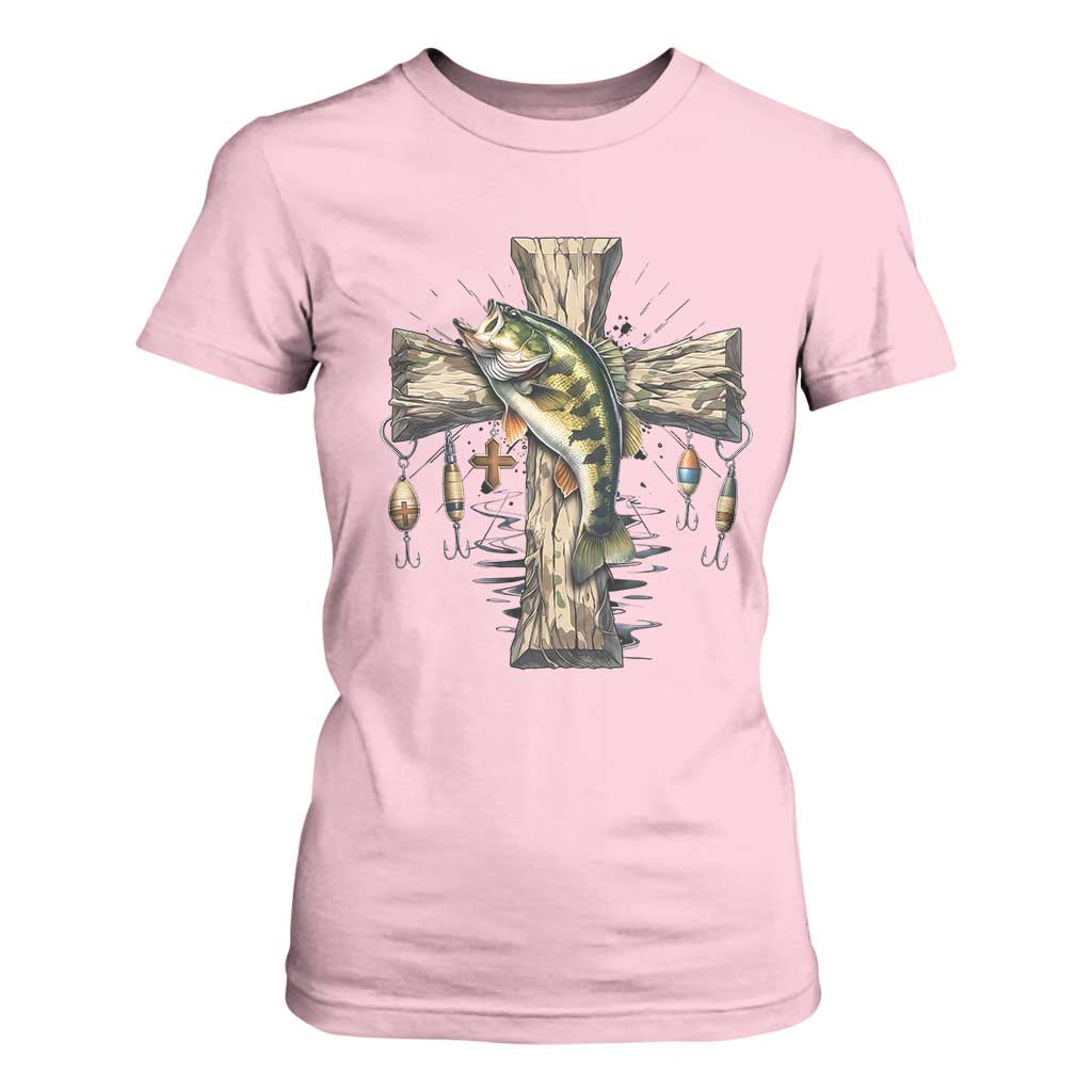 Camo Jesus Cross Fishing T Shirt For Women Faith Family Fishing Fathers Day TS12 Light Pink Print Your Wear