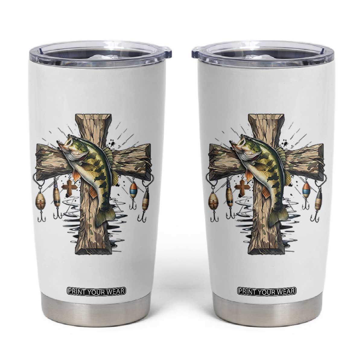 Camo Jesus Cross Fishing Tumbler Cup Faith Family Fishing Fathers Day TS12 White Print Your Wear