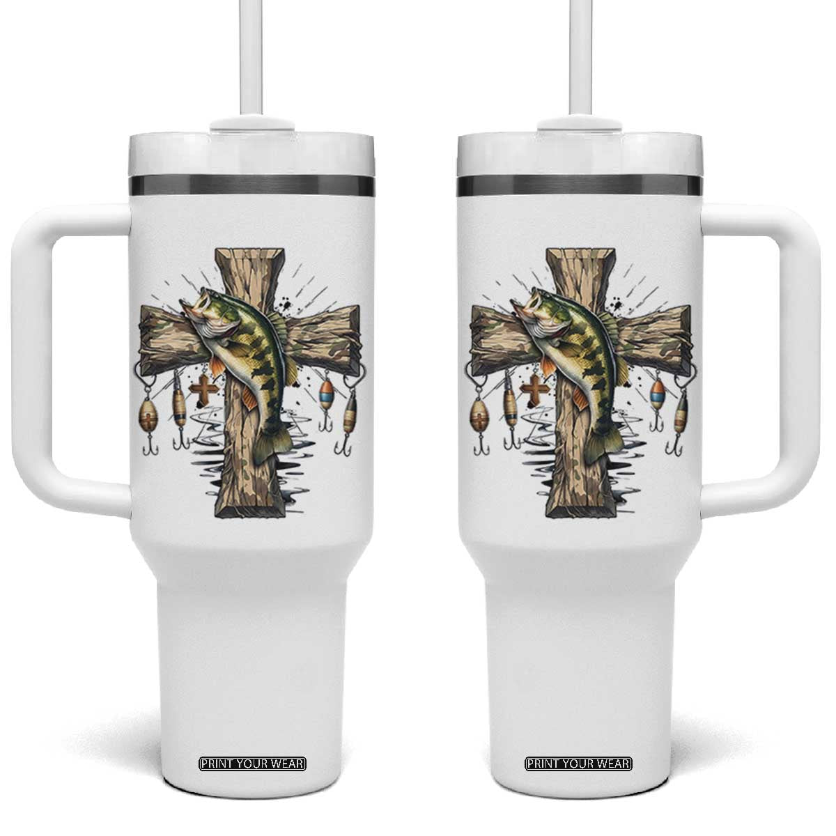 Camo Jesus Cross Fishing Tumbler With Handle Faith Family Fishing Fathers Day TS12 One Size: 40 oz White Print Your Wear