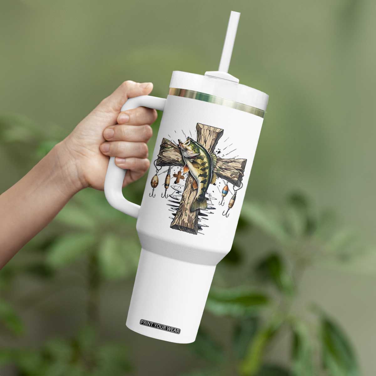 Camo Jesus Cross Fishing Tumbler With Handle Faith Family Fishing Fathers Day TS12 Print Your Wear