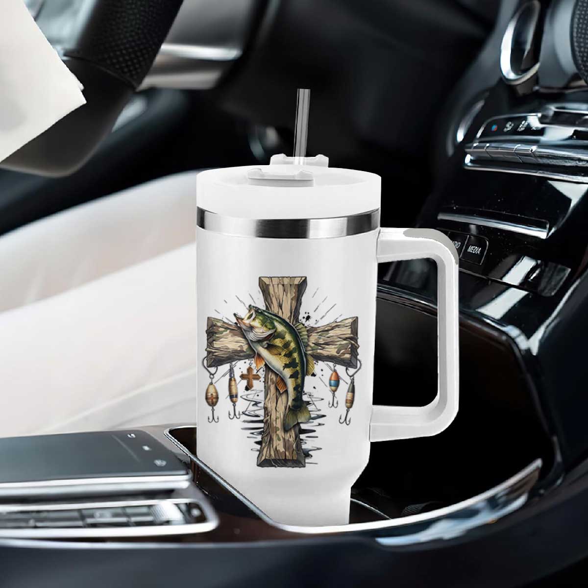 Camo Jesus Cross Fishing Tumbler With Handle Faith Family Fishing Fathers Day TS12 Print Your Wear