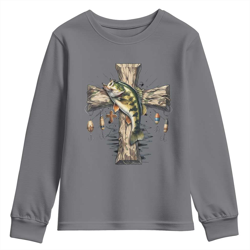 Camo Jesus Cross Fishing Youth Sweatshirt Faith Family Fishing Fathers Day TS12 Charcoal Print Your Wear