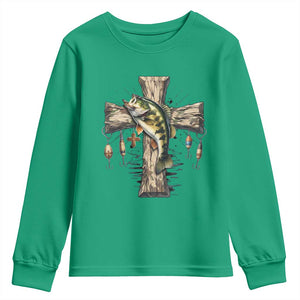 Camo Jesus Cross Fishing Youth Sweatshirt Faith Family Fishing Fathers Day TS12 Irish Green Print Your Wear