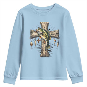 Camo Jesus Cross Fishing Youth Sweatshirt Faith Family Fishing Fathers Day TS12 Light Blue Print Your Wear