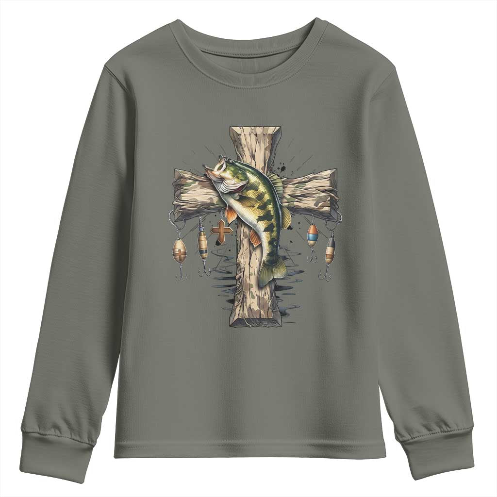 Camo Jesus Cross Fishing Youth Sweatshirt Faith Family Fishing Fathers Day TS12 Military Green Print Your Wear