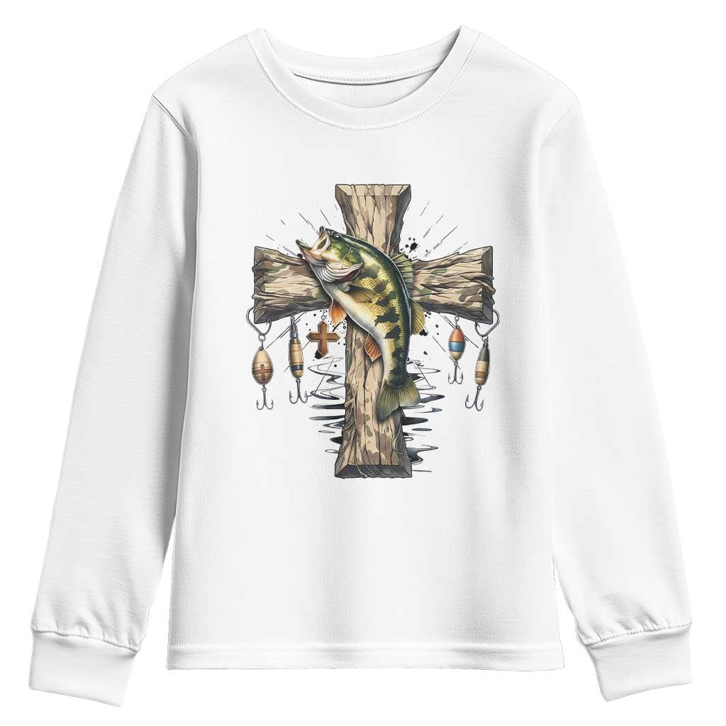 Camo Jesus Cross Fishing Youth Sweatshirt Faith Family Fishing Fathers Day TS12 White Print Your Wear