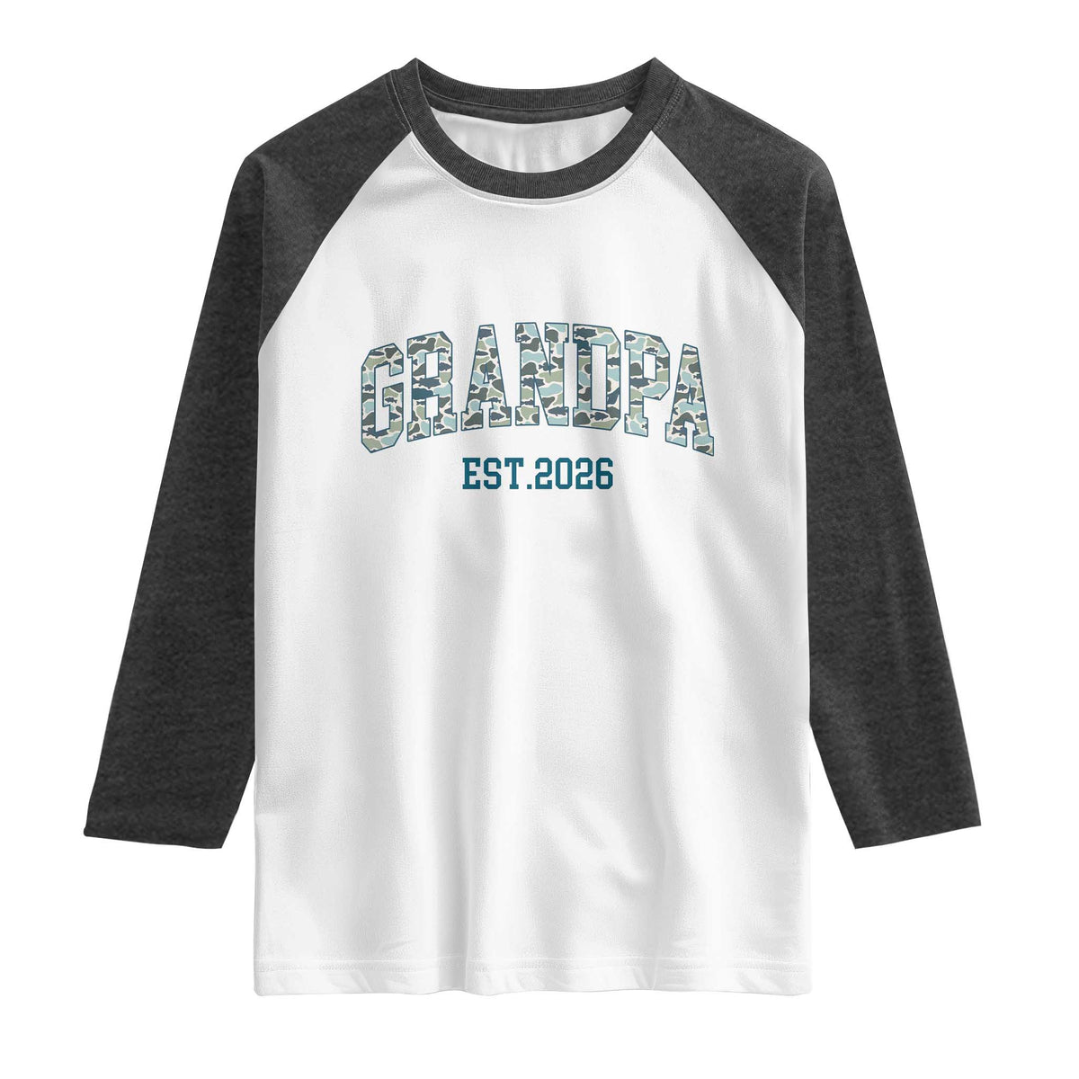 Promoted To Grandpa Est 2026 Raglan Shirt Camo Fishing New Grandpa Gift TS12 White Heather Charcoal Print Your Wear