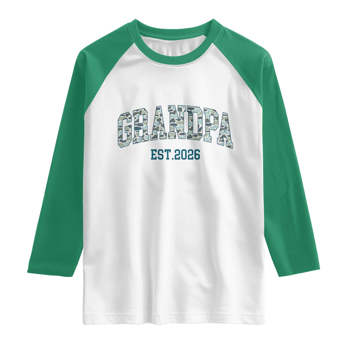 Promoted To Grandpa Est 2026 Raglan Shirt Camo Fishing New Grandpa Gift TS12 White Kelly Green Print Your Wear