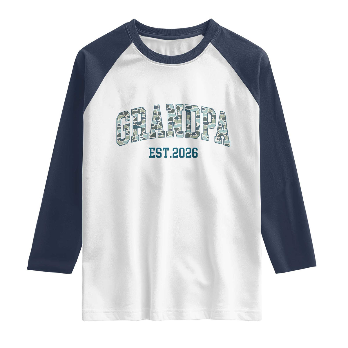 Promoted To Grandpa Est 2026 Raglan Shirt Camo Fishing New Grandpa Gift TS12 White Navy Print Your Wear