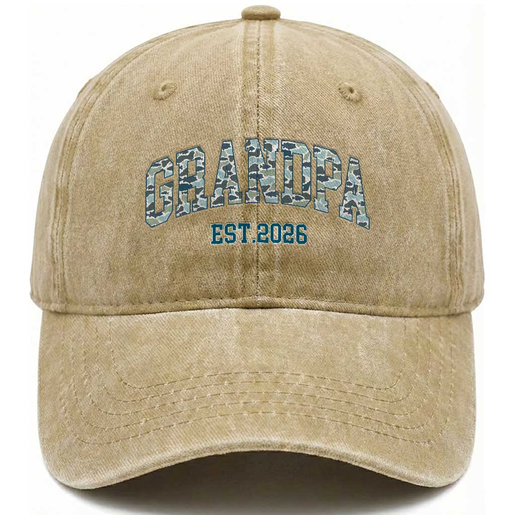 Promoted To Grandpa Est 2026 Washed Cotton Baseball Cap Camo Fishing New Grandpa Gift TS12 Print Your Wear