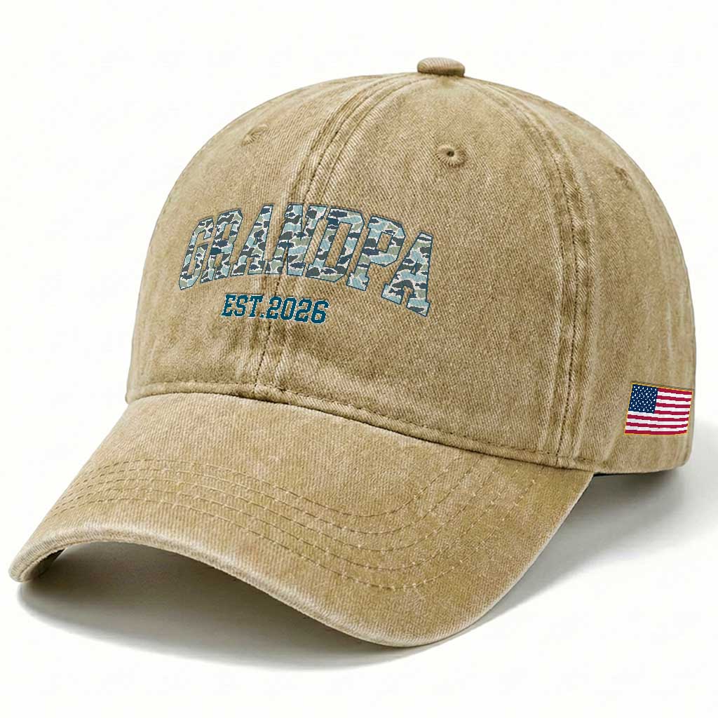 Promoted To Grandpa Est 2026 Washed Cotton Baseball Cap Camo Fishing New Grandpa Gift TS12 Print Your Wear