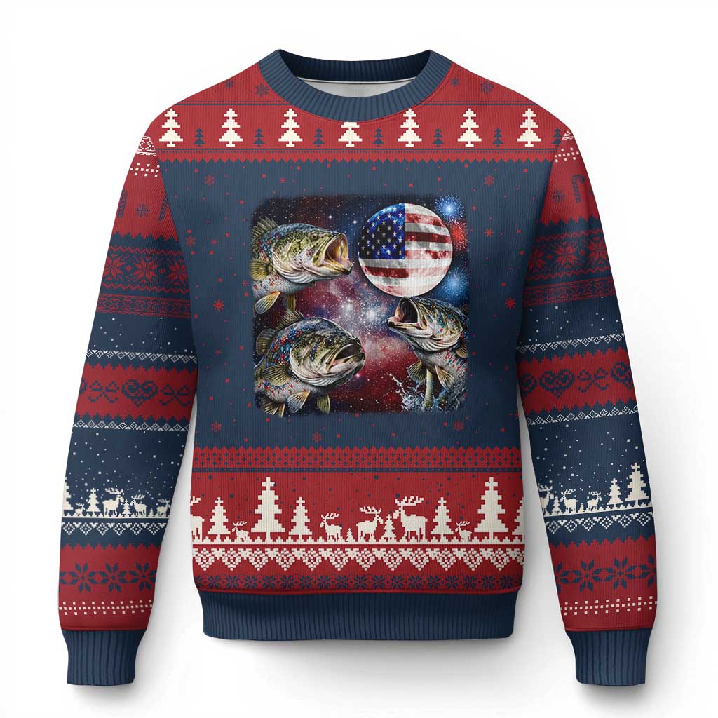 Patriotic Bass Fishing Moon Ugly Christmas Sweater 4th Of July Fisherman Gift TS12 Navy Red Print Your Wear