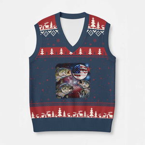 Patriotic Bass Fishing Moon V-Neck Knit Sweater Vest 4th Of July Fisherman Gift TS12 Navy Red Print Your Wear
