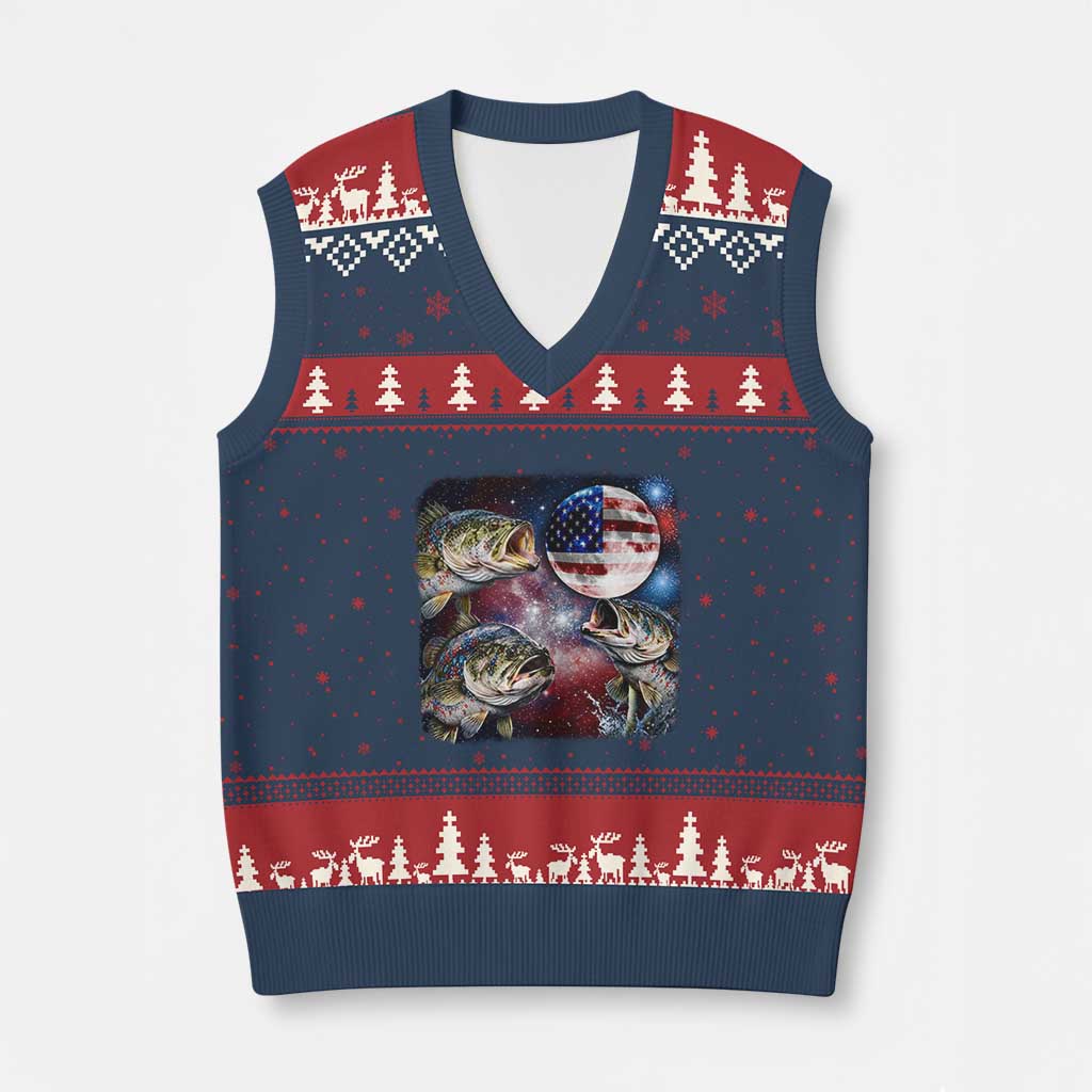 Patriotic Bass Fishing Moon V-Neck Knit Sweater Vest 4th Of July Fisherman Gift TS12 Navy Red Print Your Wear