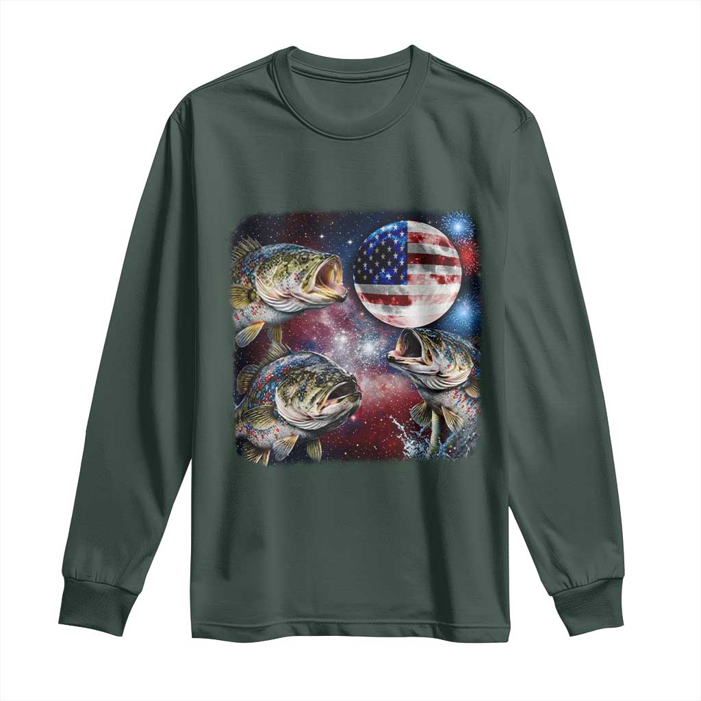 Patriotic Bass Fishing Moon Long Sleeve Shirt 4th Of July Fisherman Gift TS12 Dark Forest Green Print Your Wear