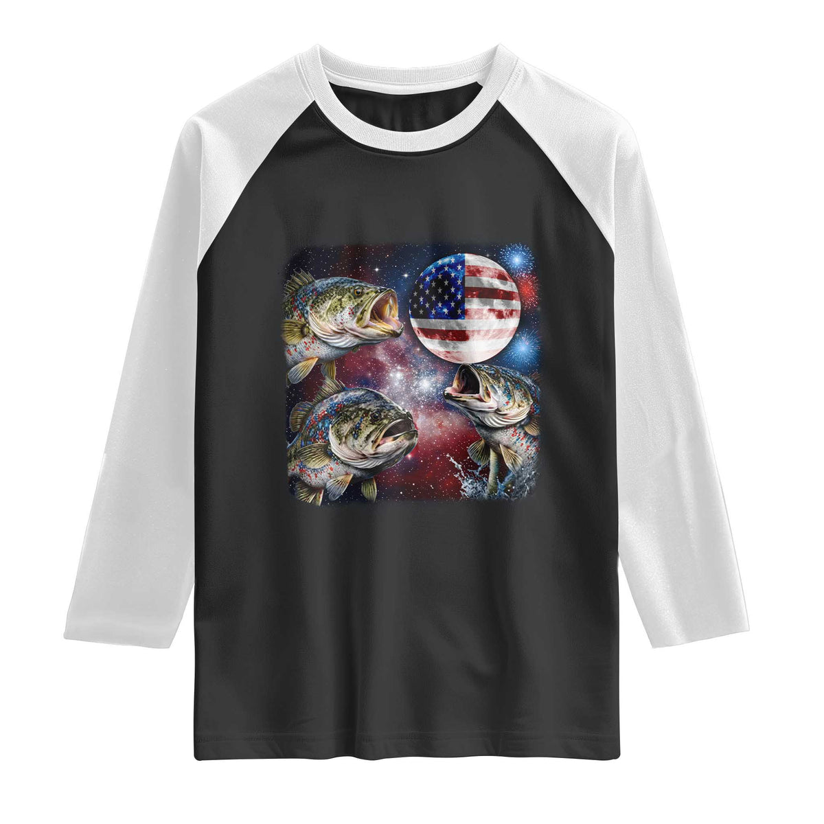 Patriotic Bass Fishing Moon Raglan Shirt 4th Of July Fisherman Gift TS12 Black White Print Your Wear