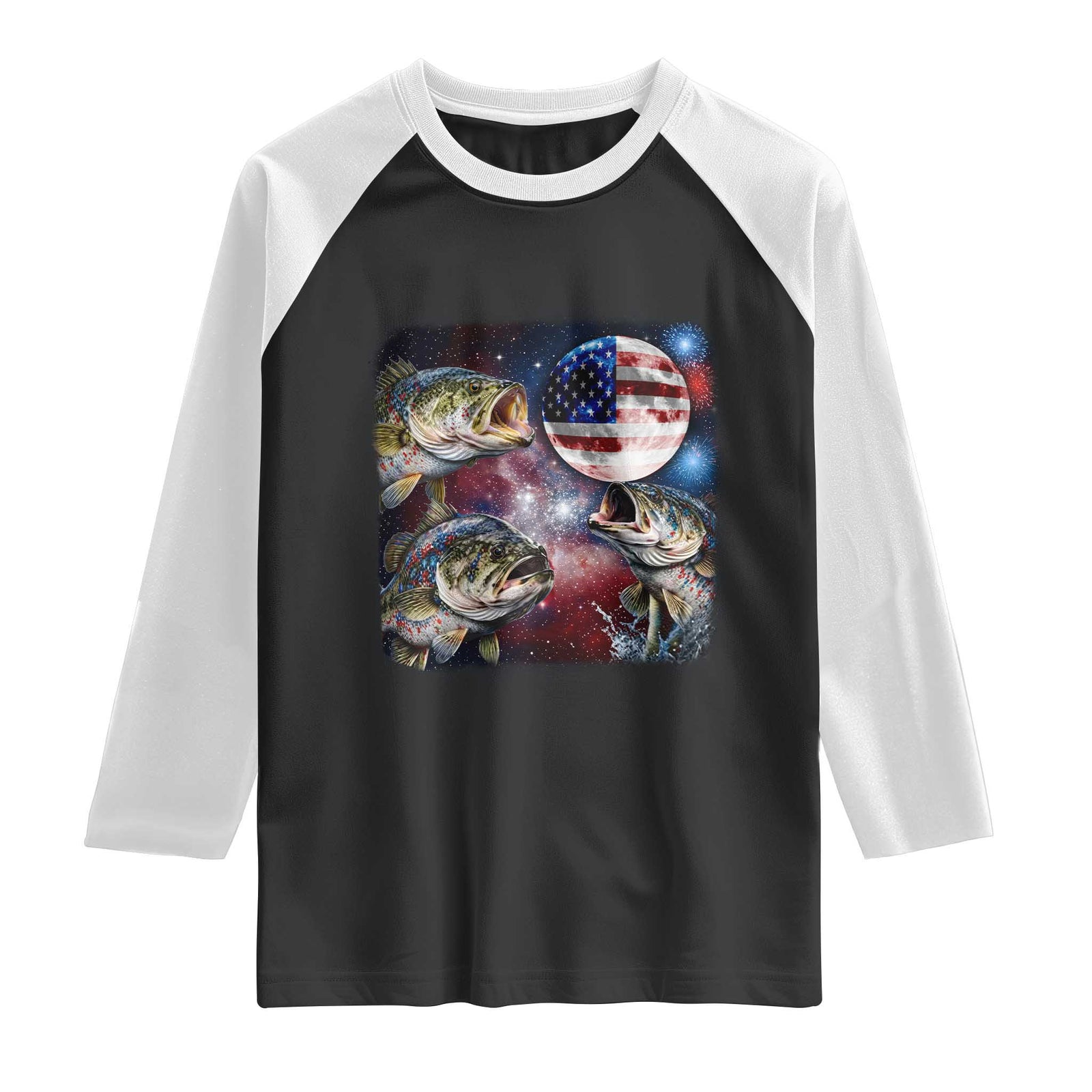 Patriotic Bass Fishing Moon Raglan Shirt 4th Of July Fisherman Gift TS12 Black White Print Your Wear