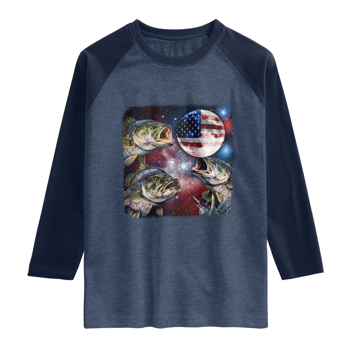 Patriotic Bass Fishing Moon Raglan Shirt 4th Of July Fisherman Gift TS12 Heather Denim Navy Print Your Wear