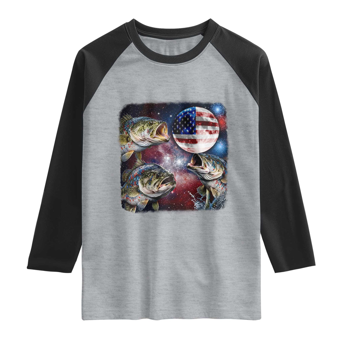 Patriotic Bass Fishing Moon Raglan Shirt 4th Of July Fisherman Gift TS12 Heather Gray Black Print Your Wear