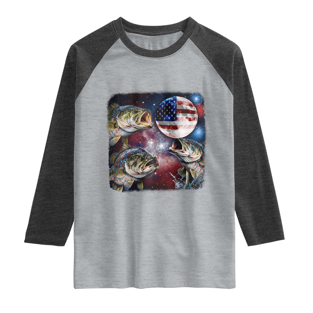 Patriotic Bass Fishing Moon Raglan Shirt 4th Of July Fisherman Gift TS12 Heather Gray Heather Charcoal Print Your Wear